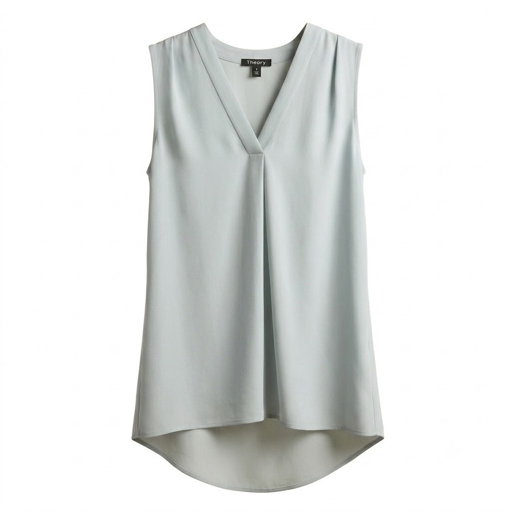 Theory Light Blue Silk Blend V-Neck Sleeveless Pleated Blouse Top Petite XS PXS